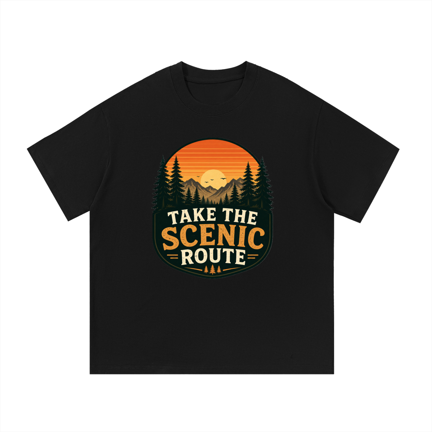 Take The Scenic Route Retro Sunset Badge Tee in Black, flat lay.