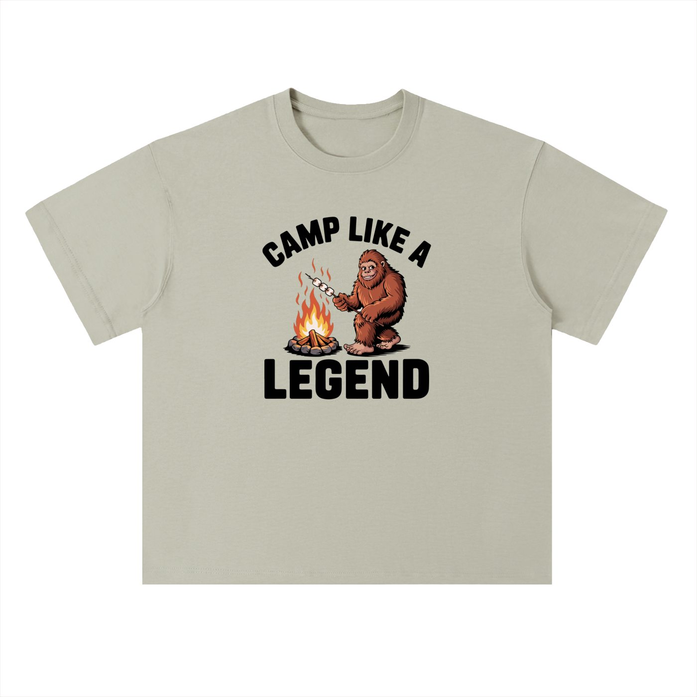 Camp Like A Legend Bigfoot Campfire Tee in Gray Green, flat lay.