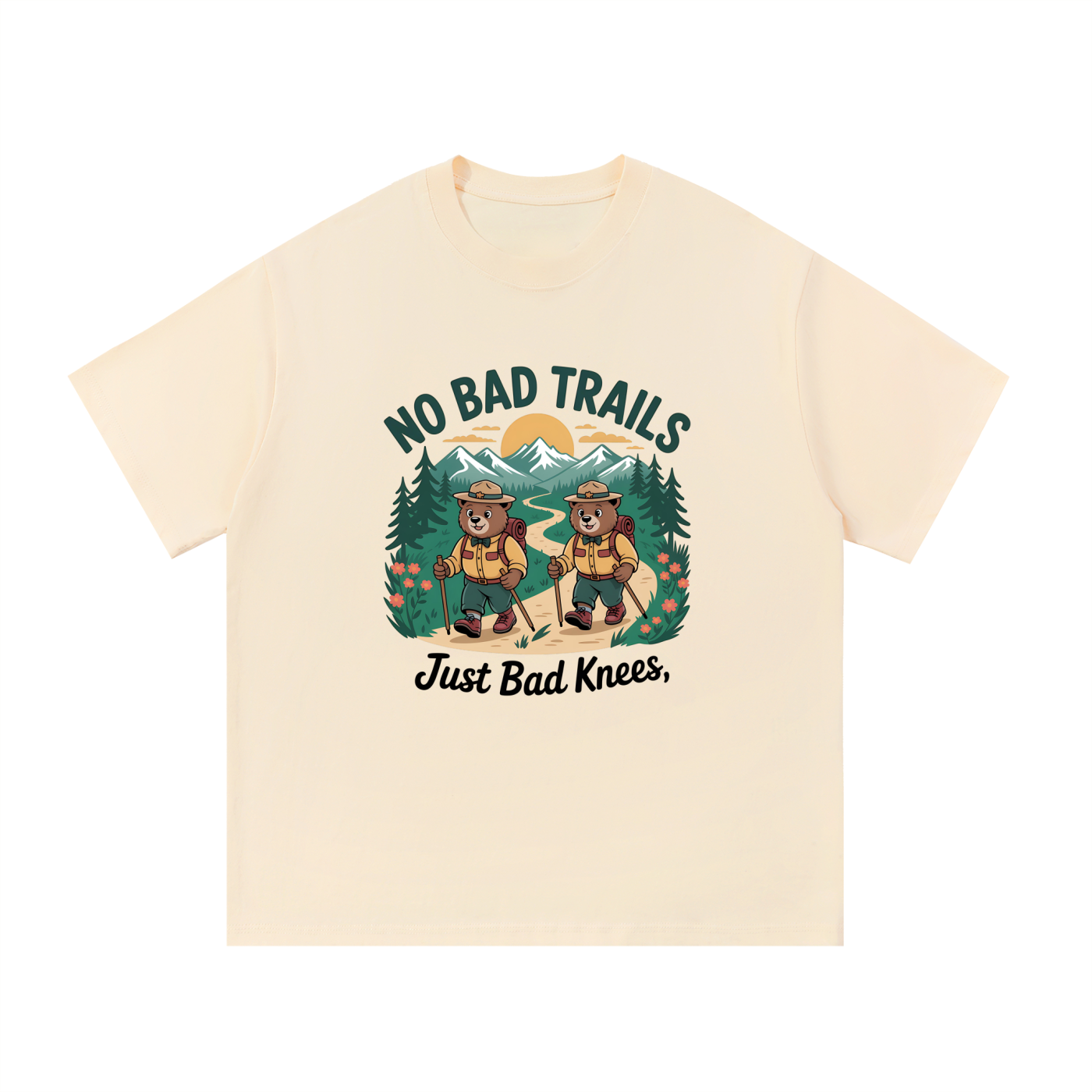 No Bad Trails Just Bad Knees Ranger Bear Tee in Apricot, flat lay.