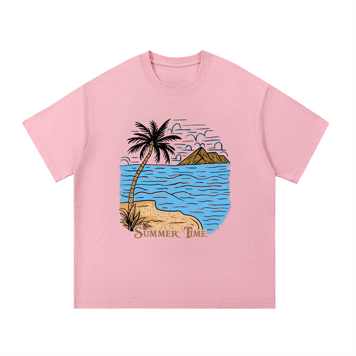 Summer Time Palm Beach Illustrated Cotton Tee in Pink, flat lay.
