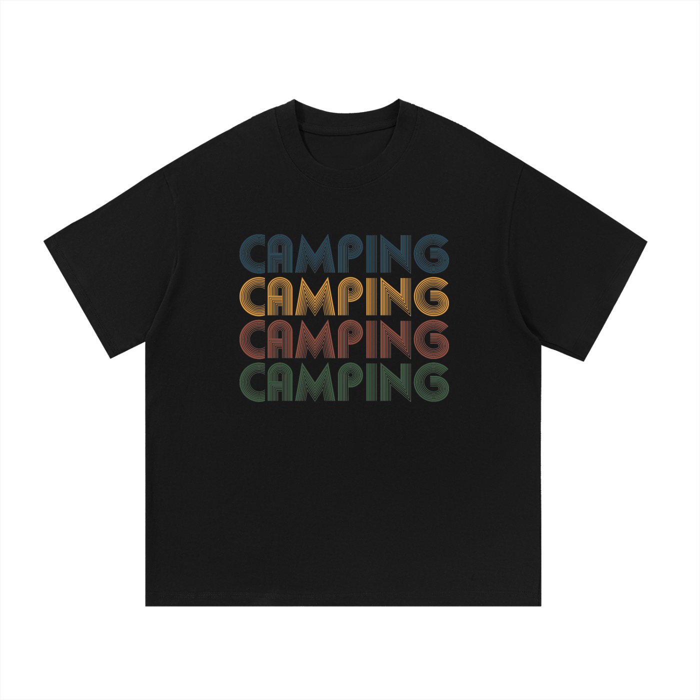 Camping Retro Seventies Repeat Typography Tee in Black, flat lay.