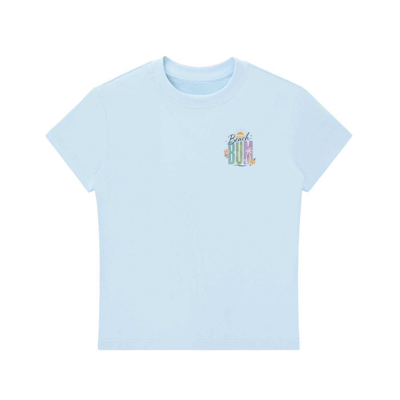 Beach Bum Left-Chest Summer Bodycon Tee in Blue, flat lay.