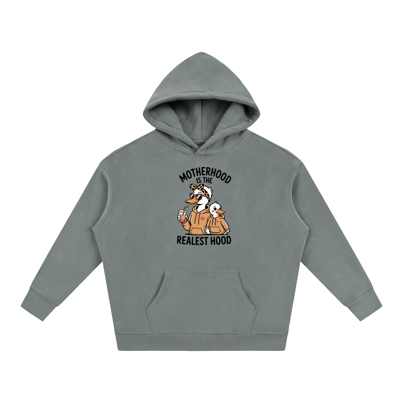 Motherhood Is The Realest Hood Goose Hoodie in Light Gray, flat lay.