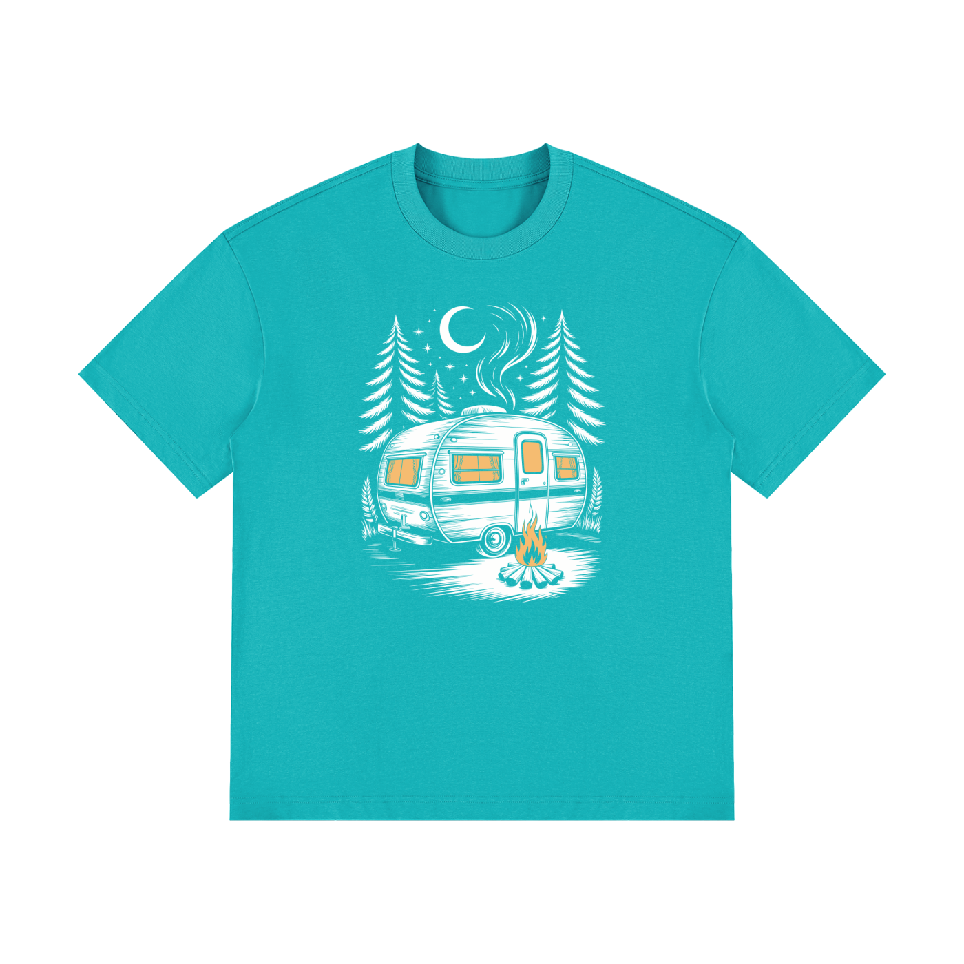 Night Camp Caravan Illustrated Cotton Tee in Lake Blue, flat lay.