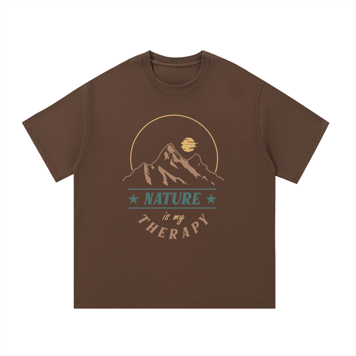 Nature Is My Therapy Mountain Sunrise Tee in Coffee, flat lay.
