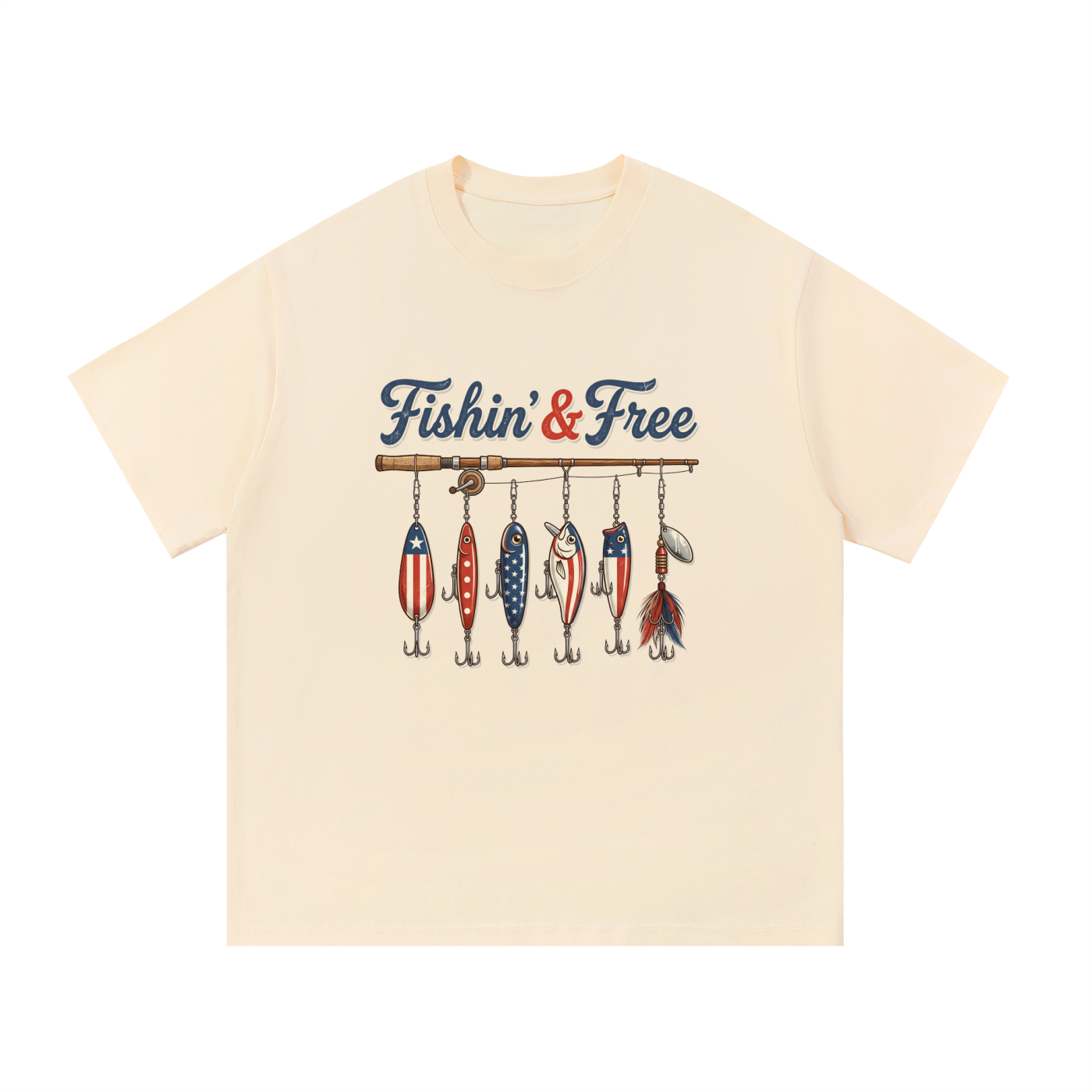 Fishin' And Free Patriotic Lure Cotton Tee in Apricot, flat lay.