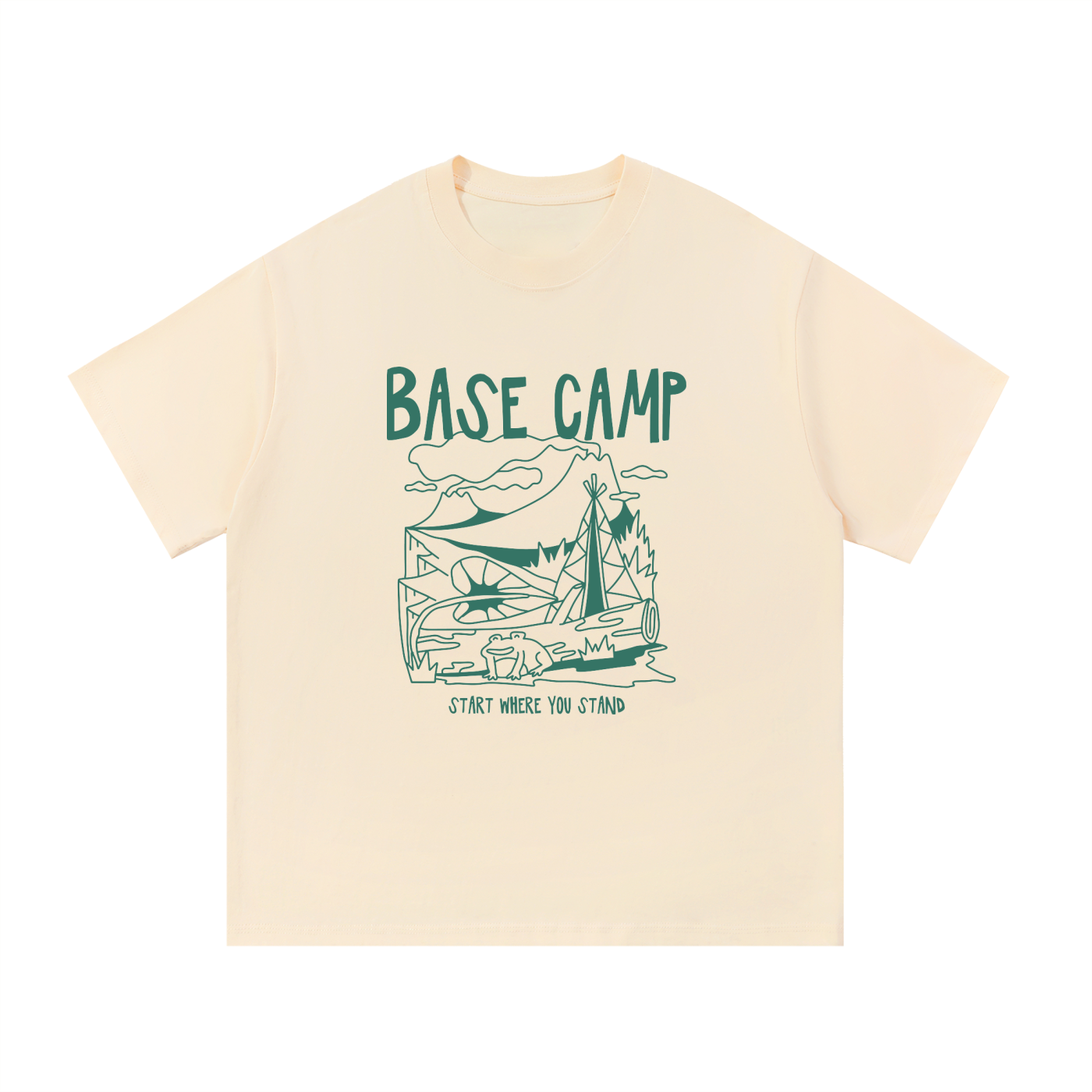 Base Camp Start Where You Stand Line Art Tee in Apricot, flat lay.