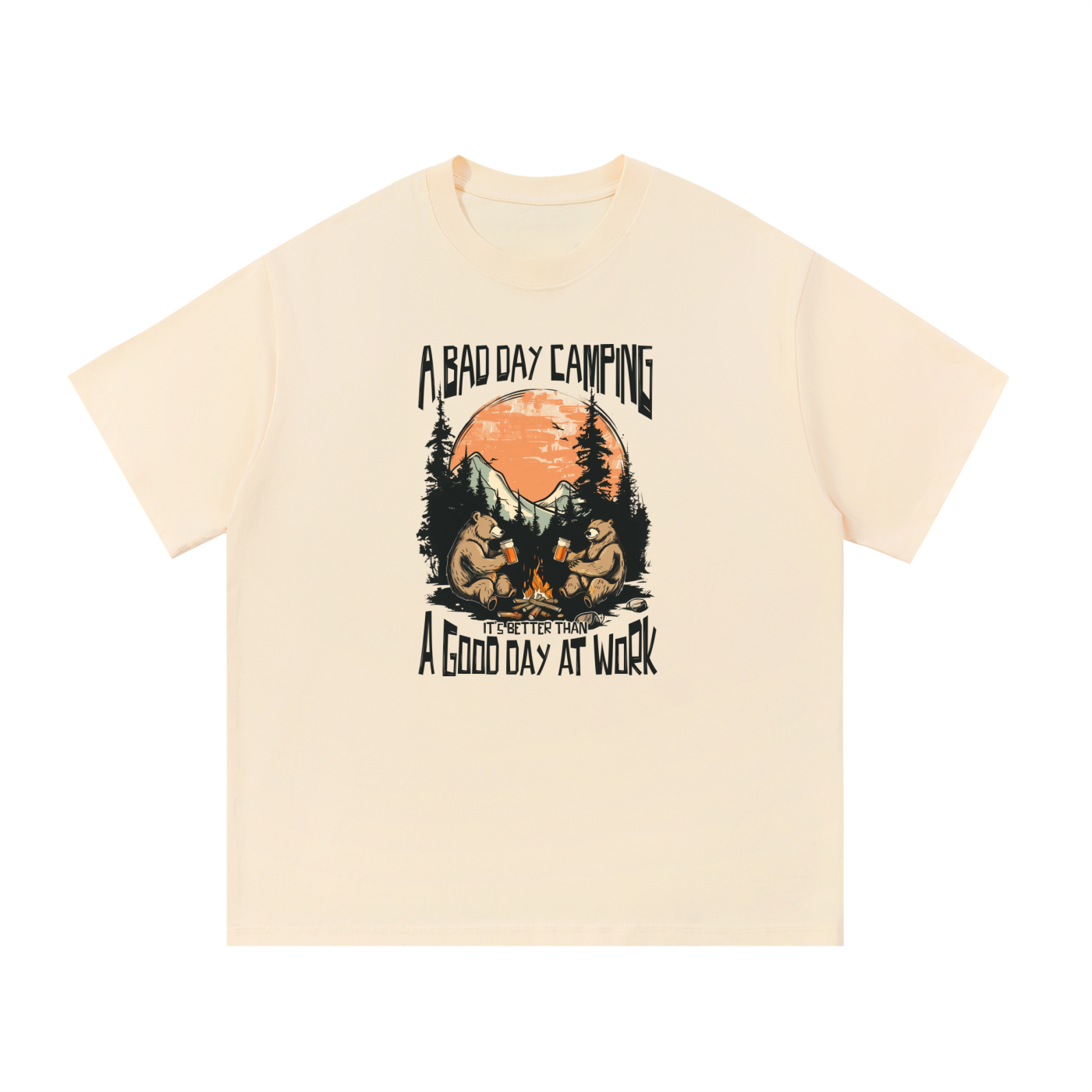 A Bad Day Camping Beats A Good Day At Work Tee in Apricot, flat lay.