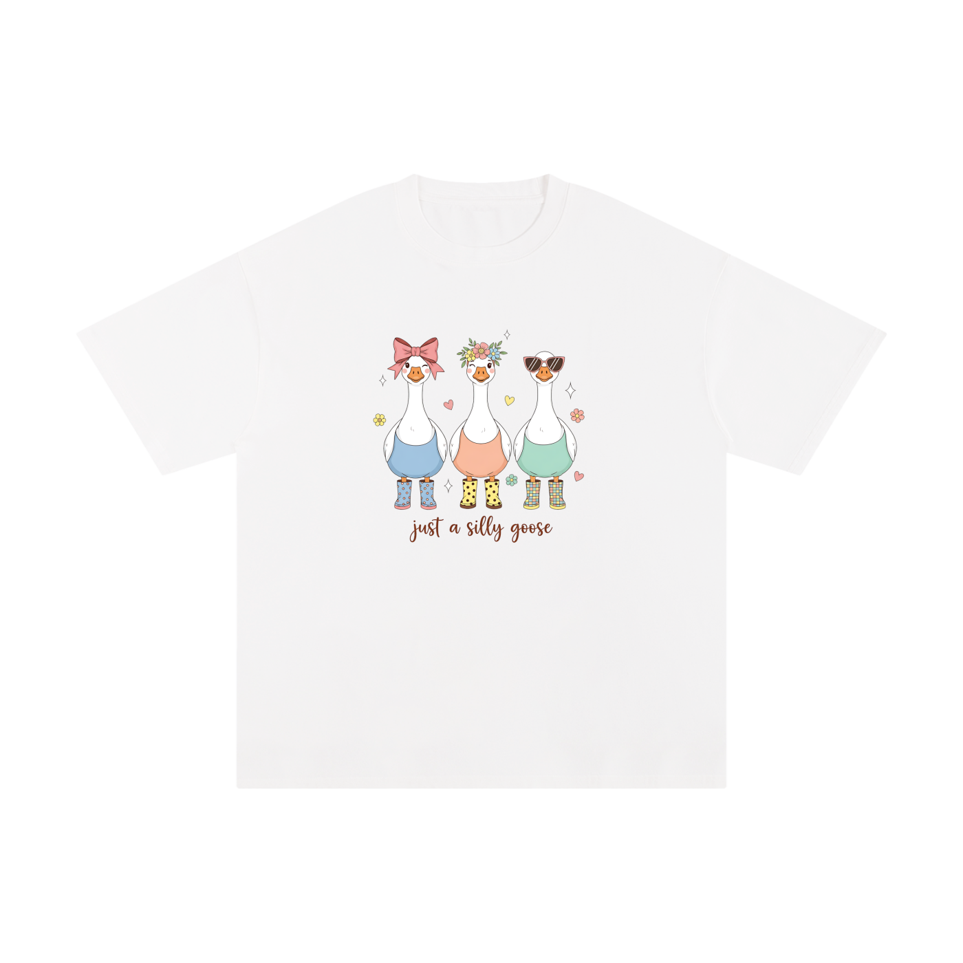 Just A Silly Goose Trio Pastel Cotton Tee in White, flat lay.