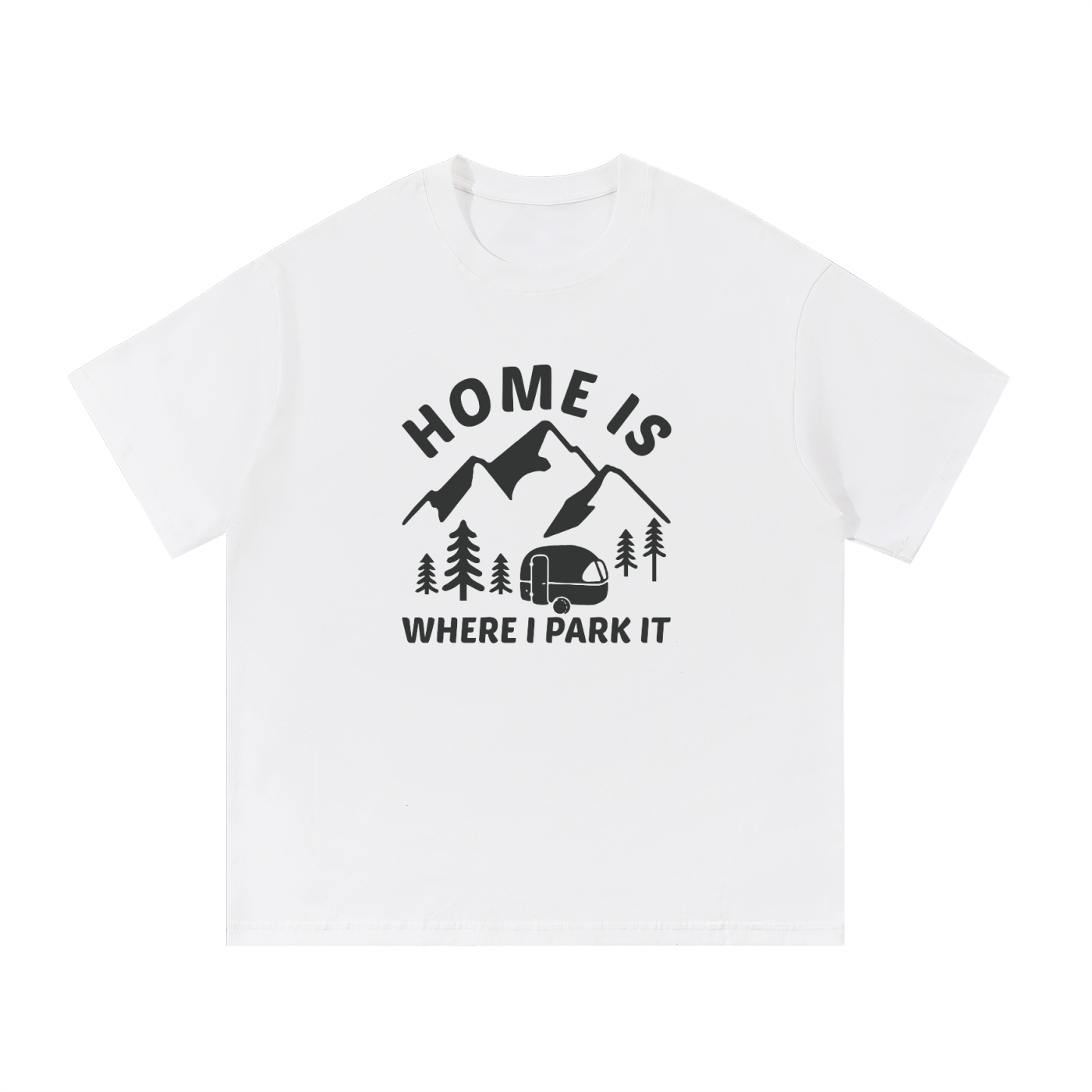 Home Is Where I Park It Tonal Caravan Tee in White, flat lay.