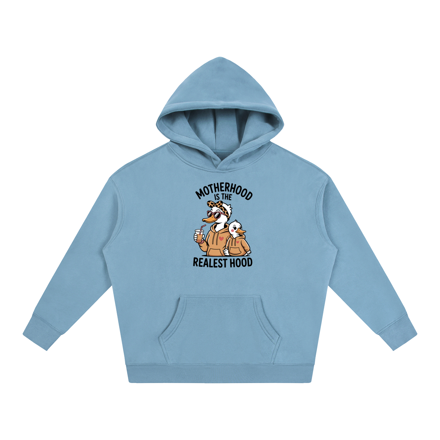 Motherhood Is The Realest Hood Goose Hoodie in Medium Blue, flat lay.