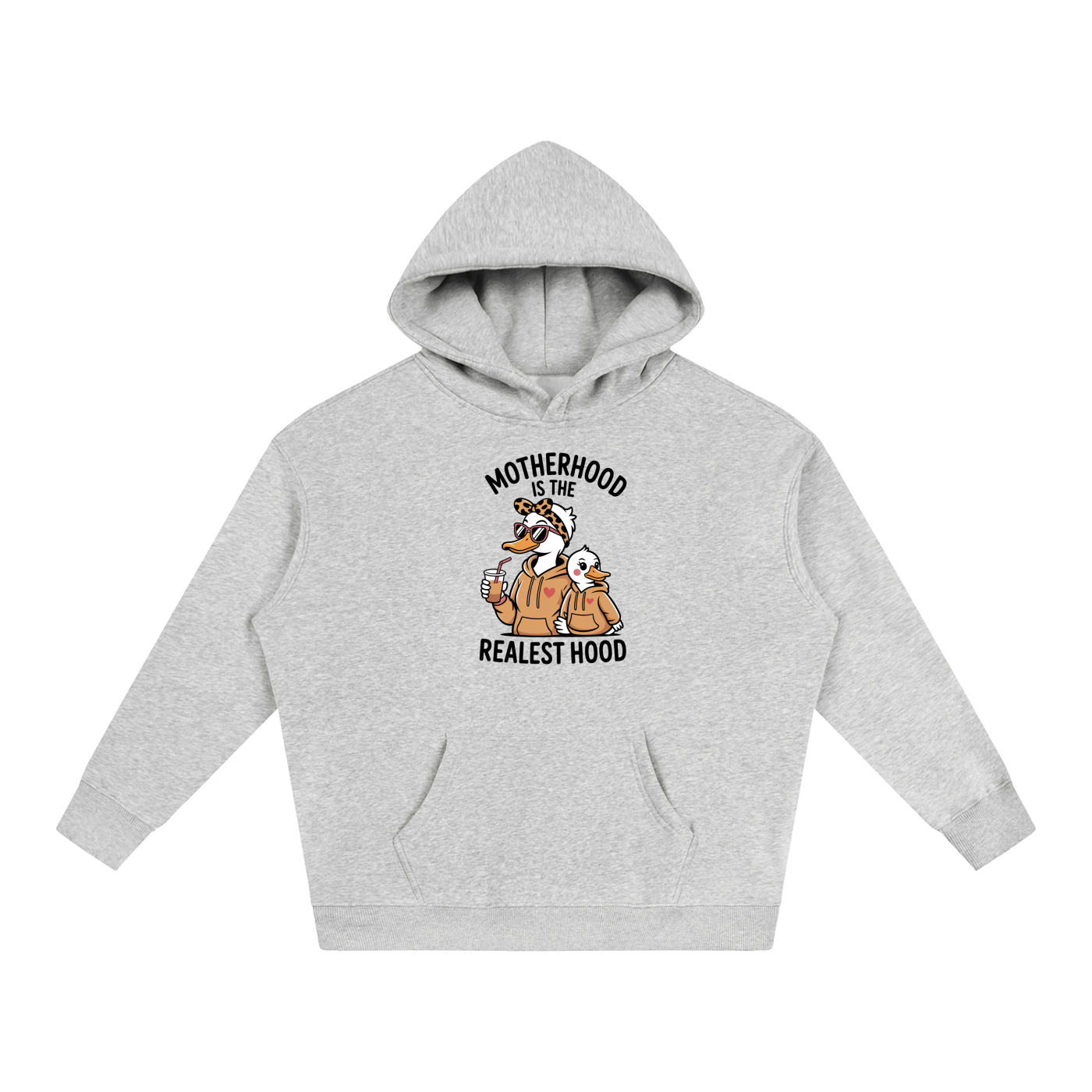 Motherhood Is The Realest Hood Goose Hoodie in Flower Gray, flat lay.
