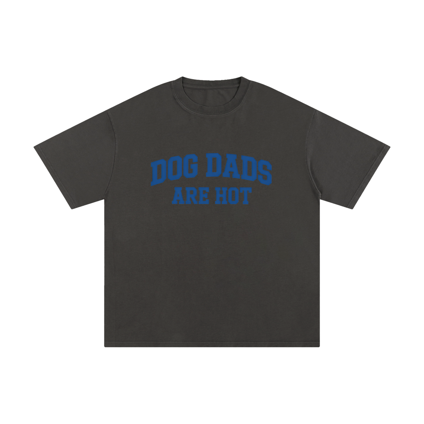 Dog Dads Are Hot Varsity Type Cotton Tee in Dark Gray, flat lay.