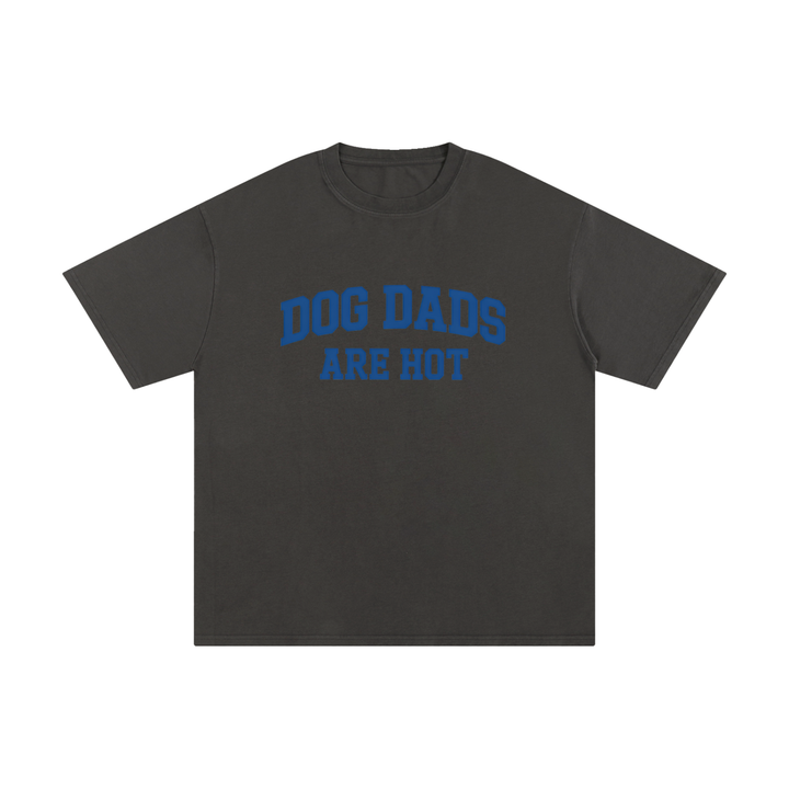 Dog Dads Are Hot Varsity Type Cotton Tee in Dark Gray, flat lay.