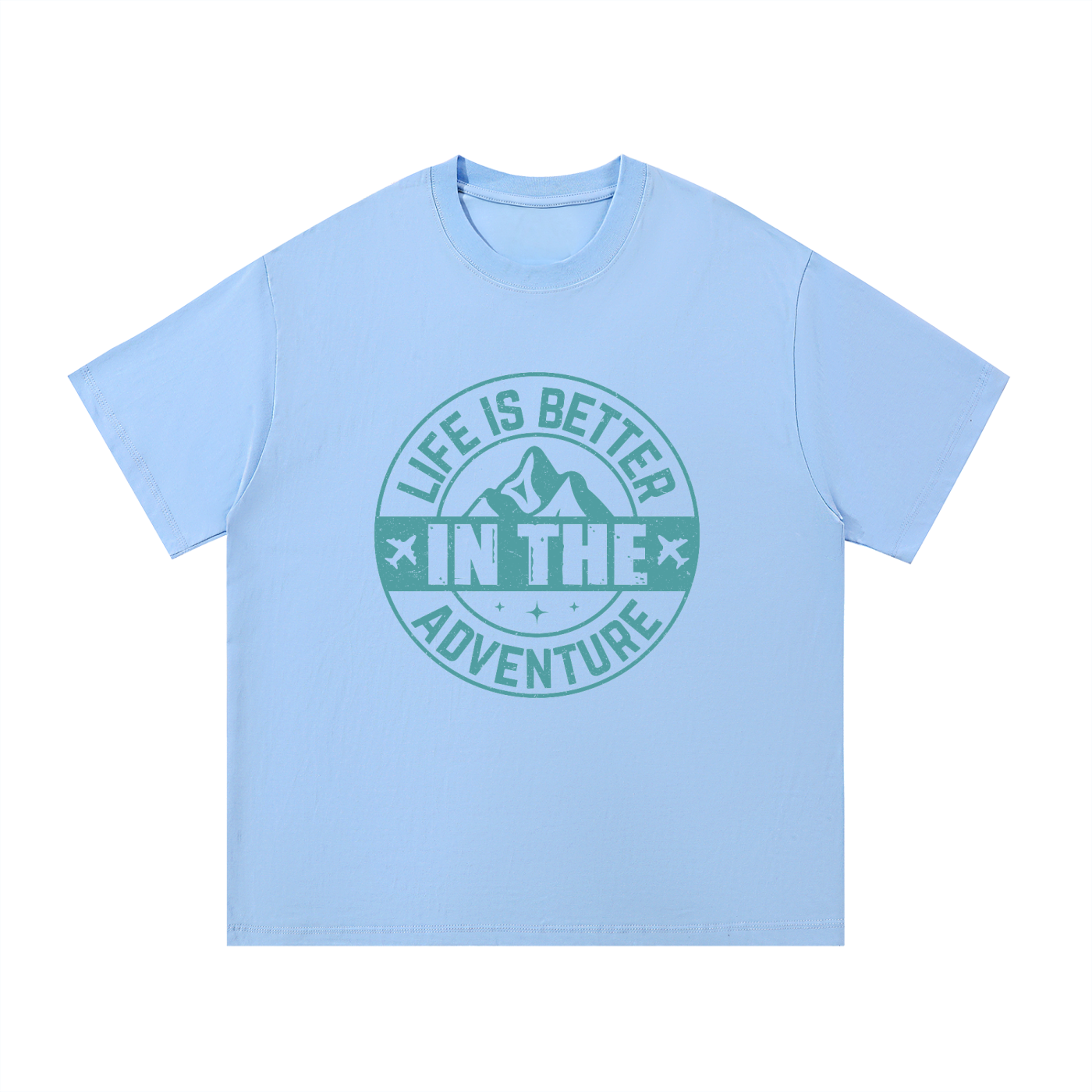 Life Is Better In The Adventure Mountain Badge Tee in Blue, flat lay.
