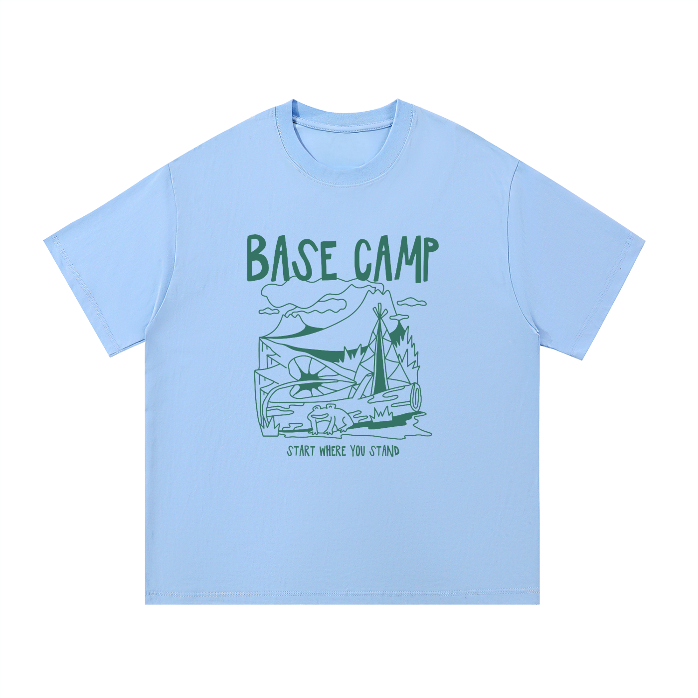 Base Camp Start Where You Stand Line Art Tee in Blue, flat lay.