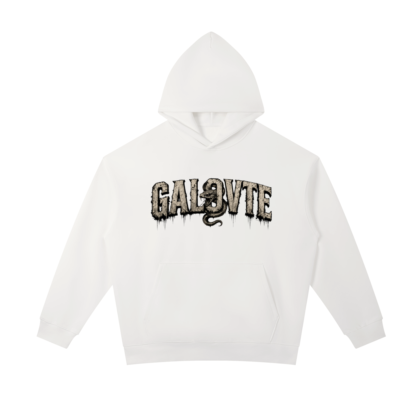 GALOVTE Snake Varsity Graphic Heavyweight Hoodie in White, flat lay.