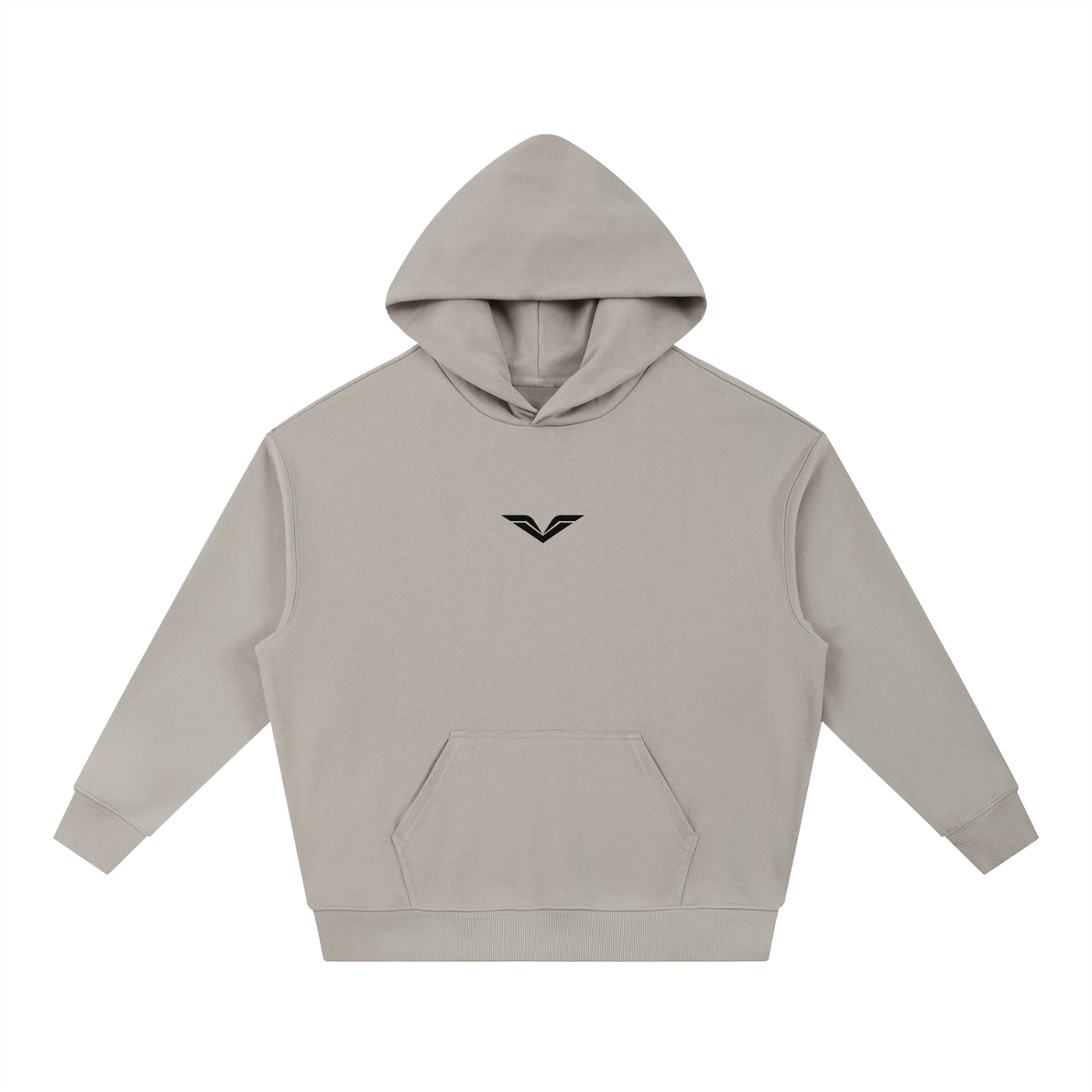Wing Logo Heavyweight Drop Shoulder Hoodie — Stone in Medium Gray, flat lay.