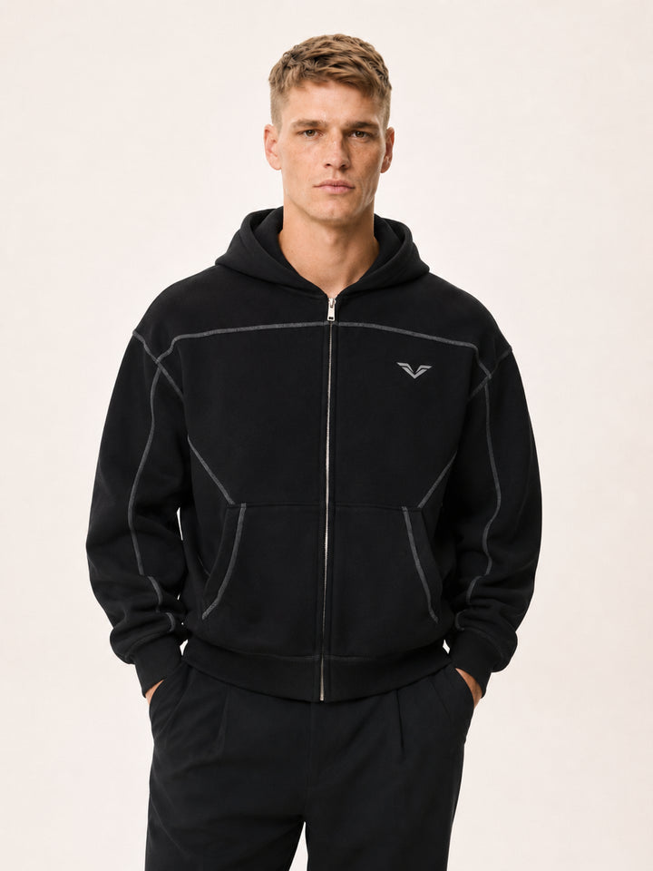 MEN HODDIES Wing Logo Contrast Stitch Boxy Zip Hoodie
