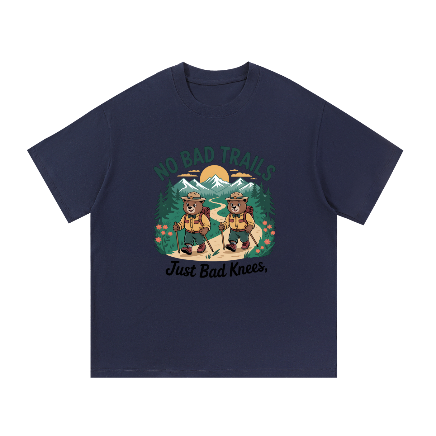 No Bad Trails Just Bad Knees Ranger Bear Tee in Navy Blue, flat lay.