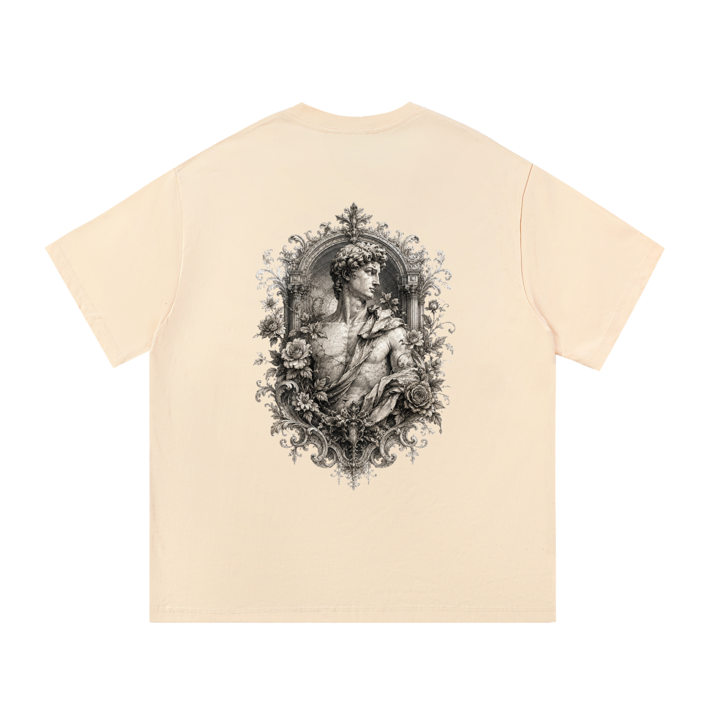 Baroque Statue Crest Left-Chest Cotton Tee in Apricot, back view.