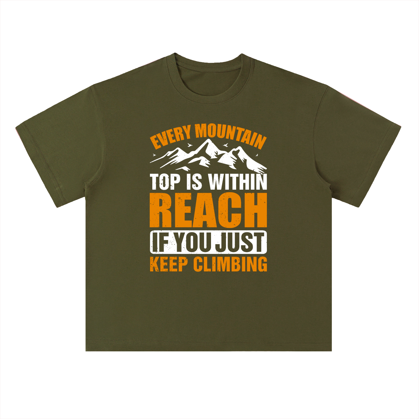 Every Mountain Top Is Within Reach Climbing Tee in Jungle Green, flat lay.