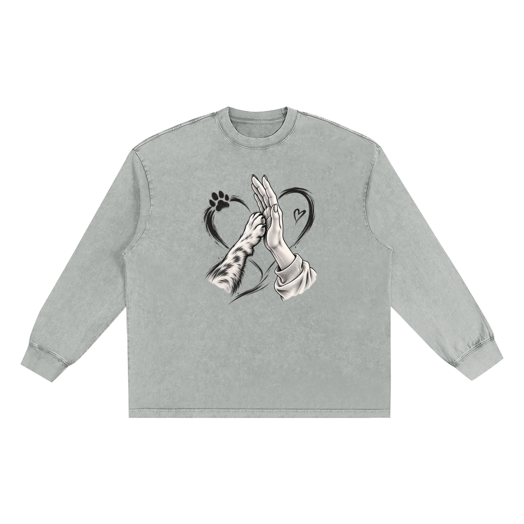 MOM LOVER Wing Logo Snow-Washed Frayed Long Sleeve Tee