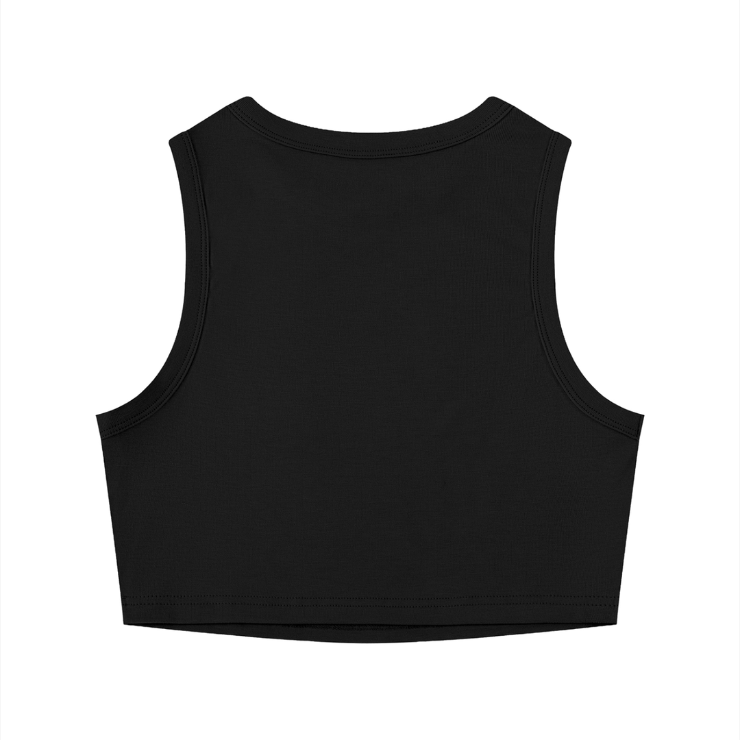 Wing Logo Fitted Crewneck Crop Tank in Black, back view.