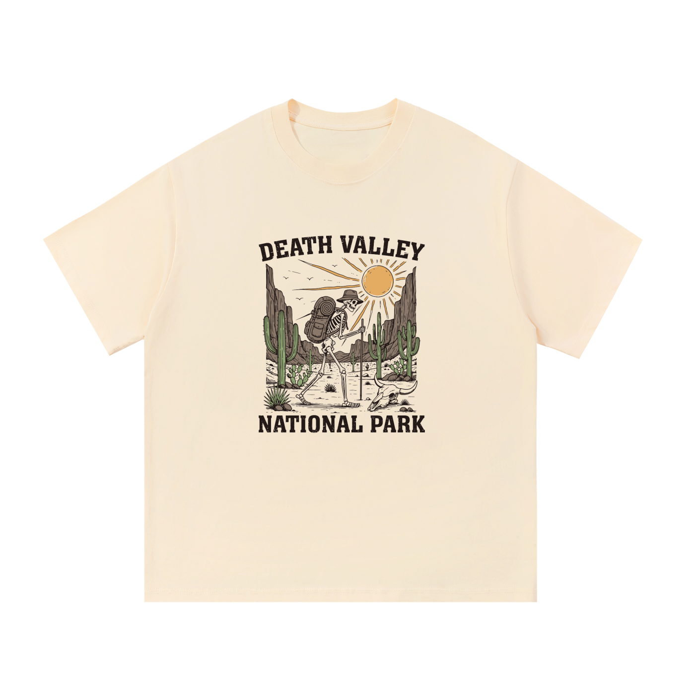 Death Valley National Park Retro Desert Tee in Apricot, flat lay.