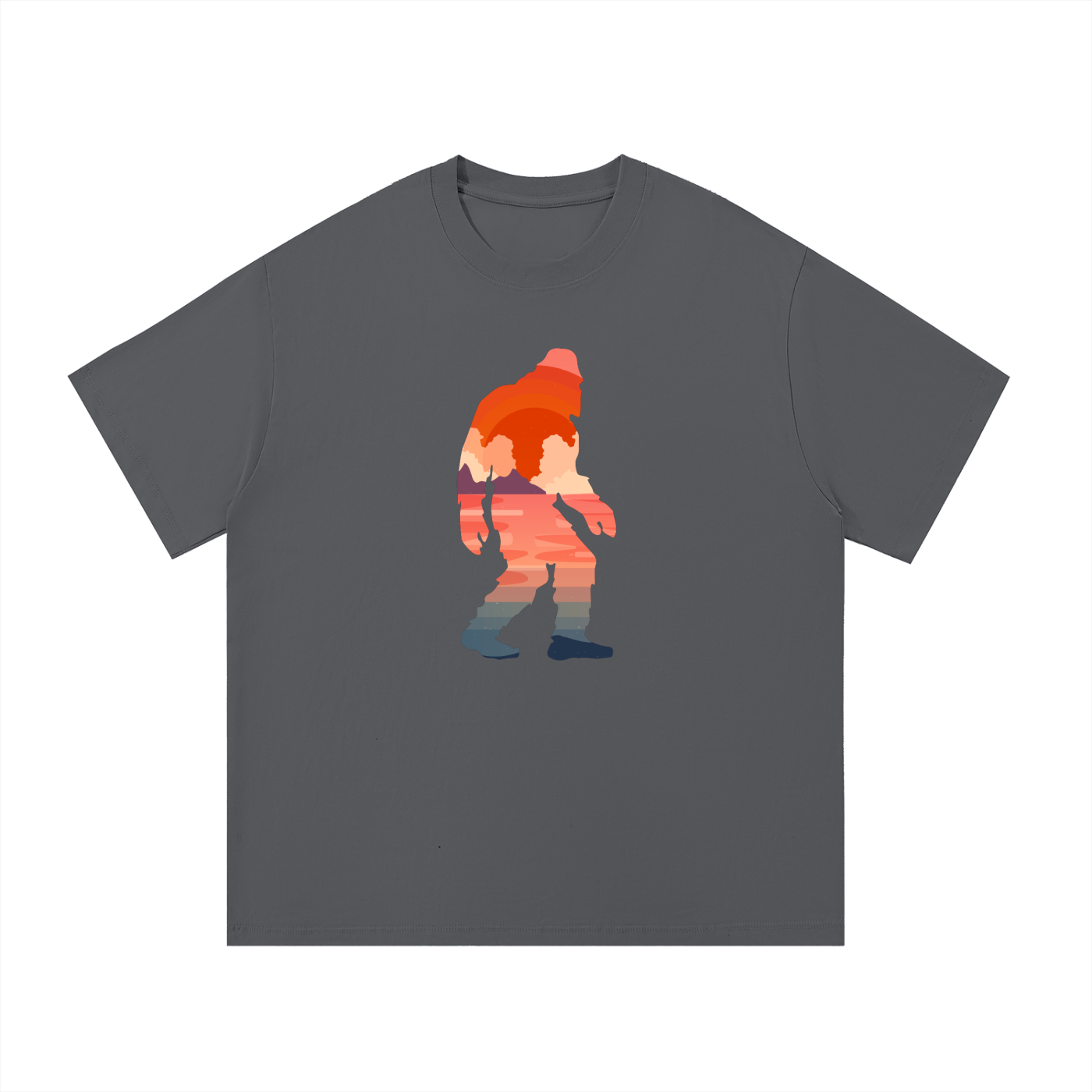 Bigfoot Sunset Double Exposure Cotton Tee in Dark Gray, flat lay.