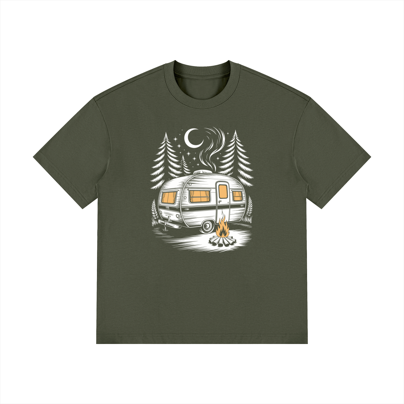Night Camp Caravan Illustrated Cotton Tee in Army Green, flat lay.