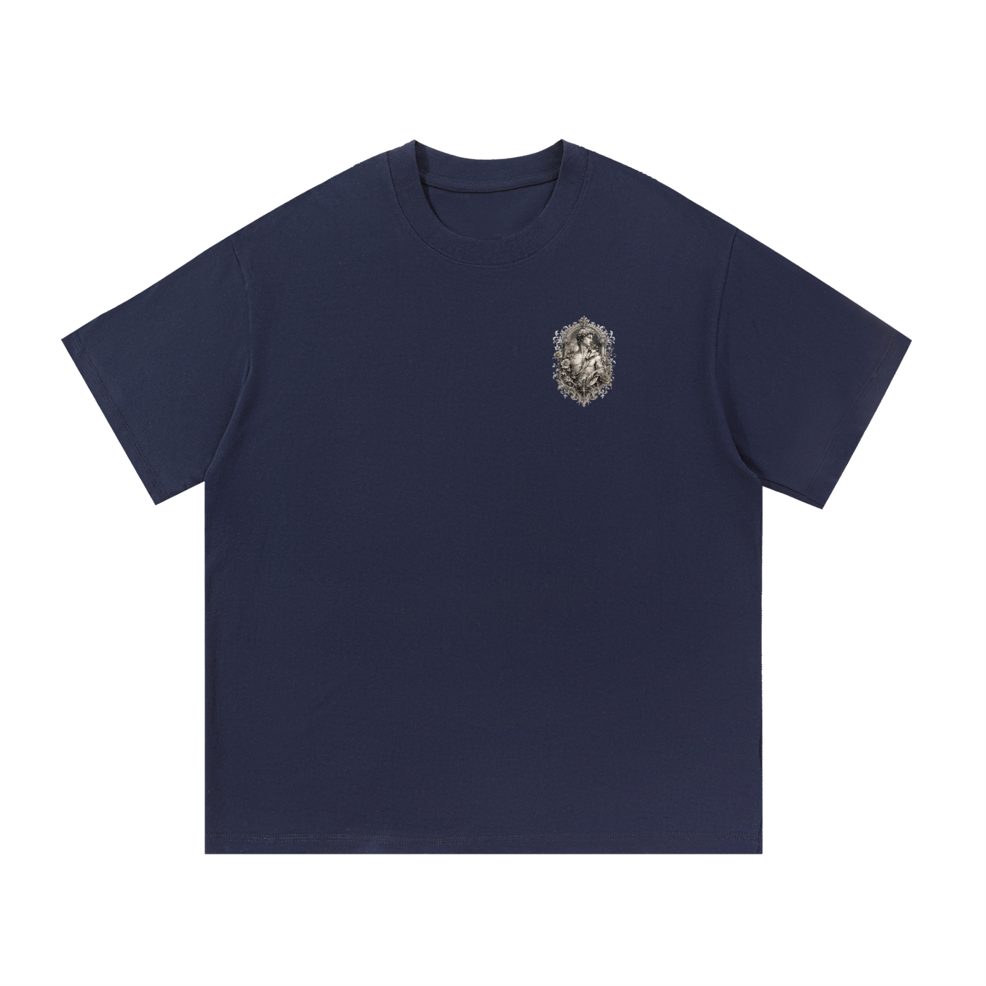 Baroque Statue Crest Left-Chest Cotton Tee in Navy Blue, flat lay.