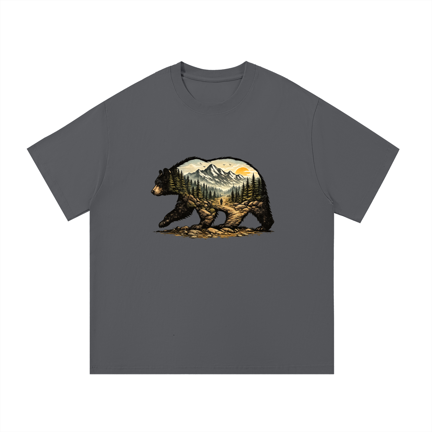 Bear Double Exposure Mountain Landscape Tee in Dark Gray, flat lay.