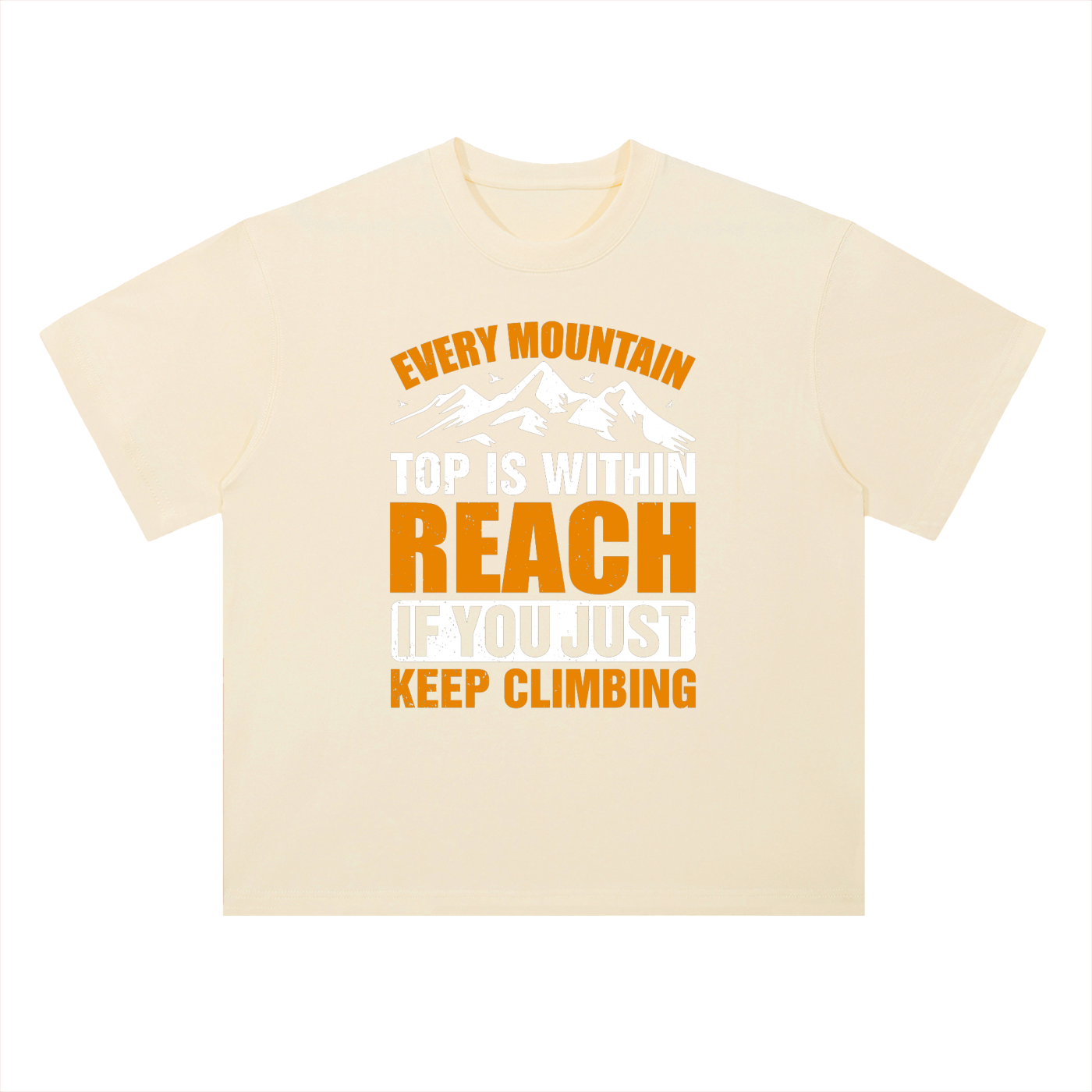 Every Mountain Top Is Within Reach Climbing Tee in Milk Apricot, flat lay.