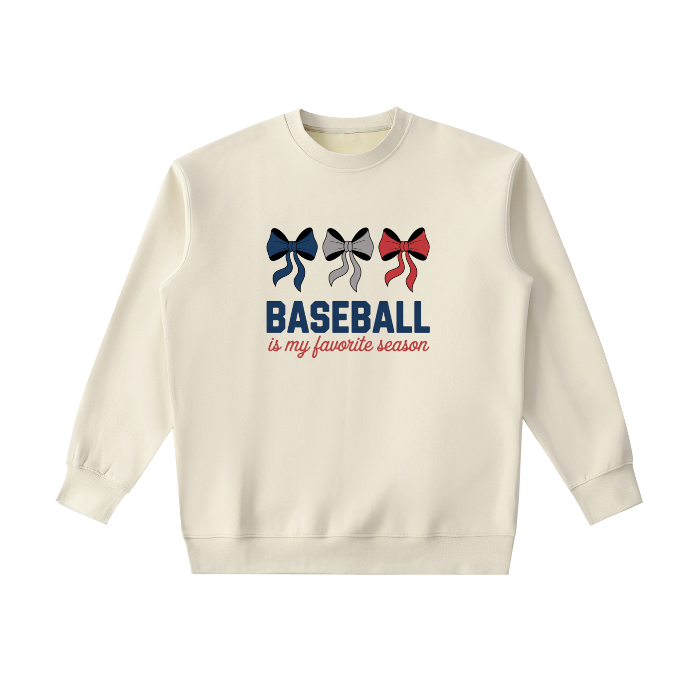 Baseball Is My Favourite Season Bow Sweatshirt in Camel, flat lay.
