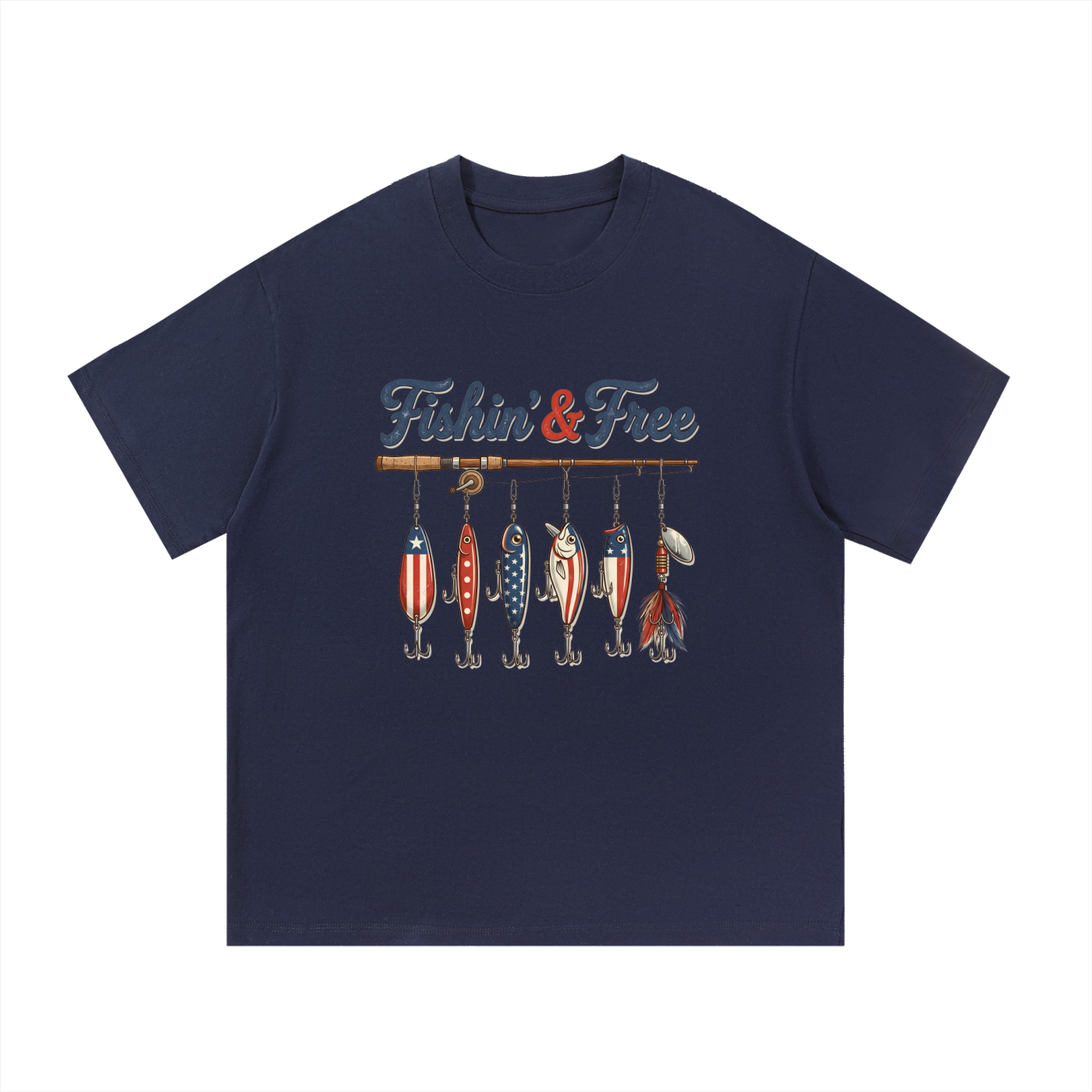 Fishin' And Free Patriotic Lure Cotton Tee in Navy Blue, flat lay.