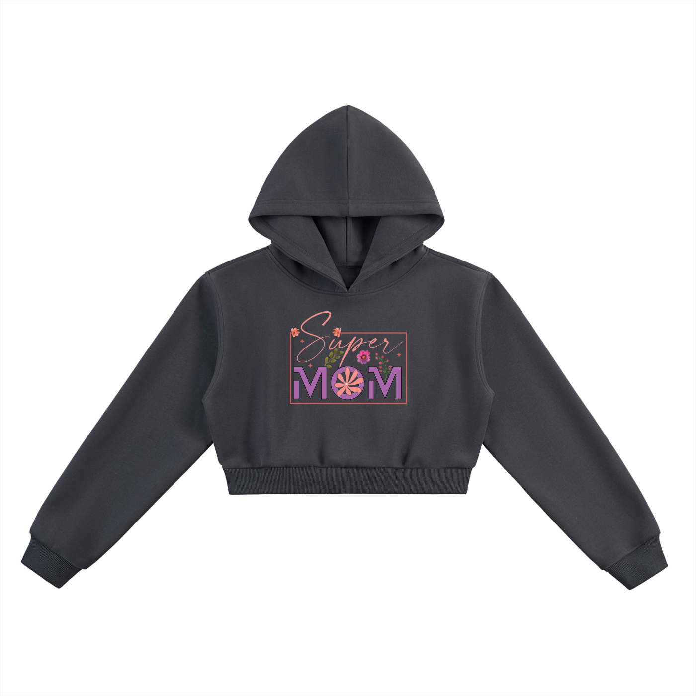 Super Mom Floral Frame Cropped Hoodie in Charcoal Gray, flat lay.