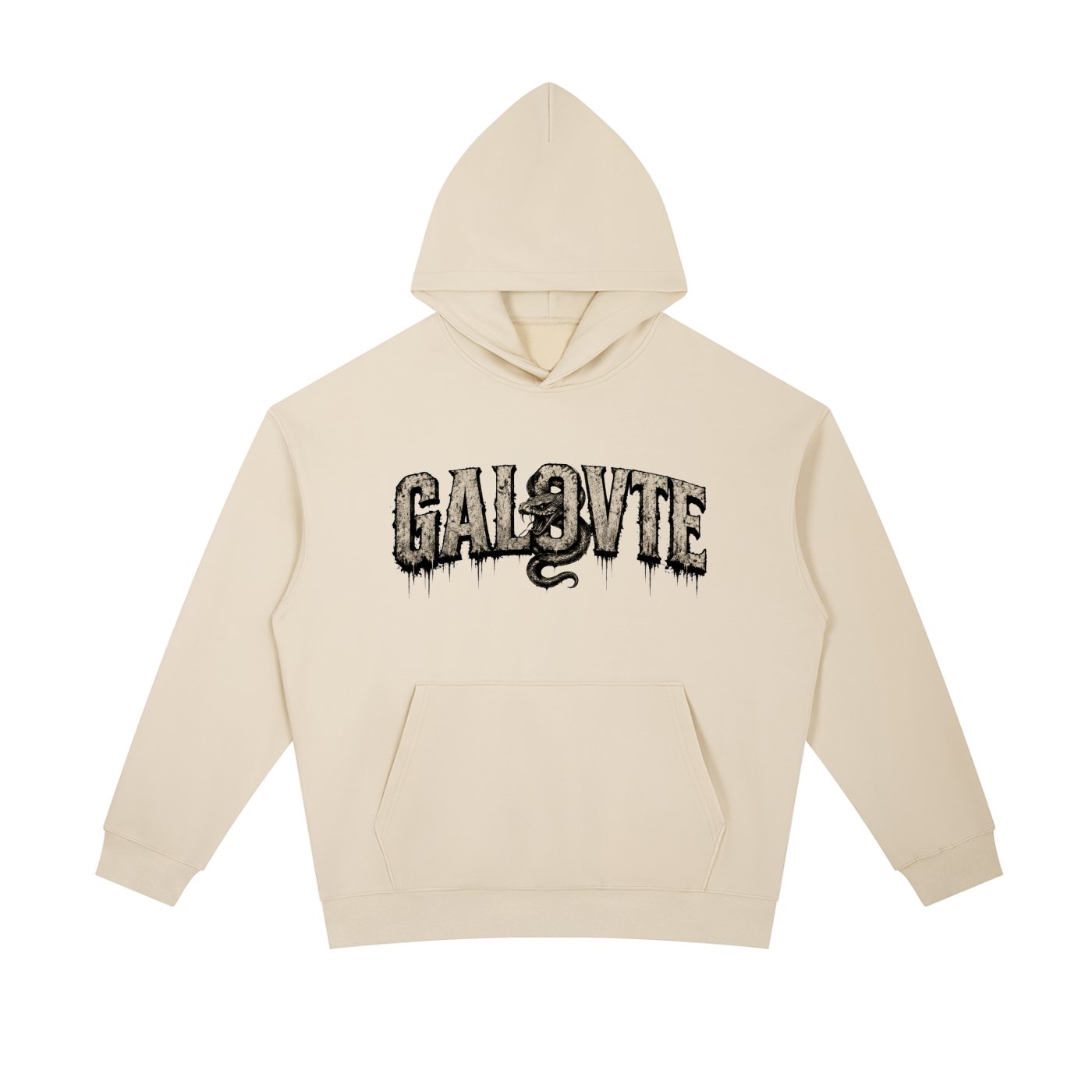 GALOVTE Snake Varsity Graphic Heavyweight Hoodie in Camel, flat lay.