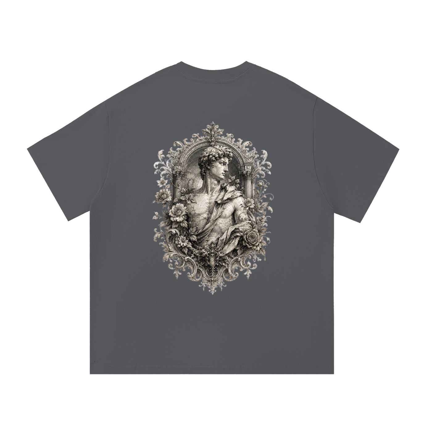 Baroque Statue Crest Left-Chest Cotton Tee in Dark Gray, back view.
