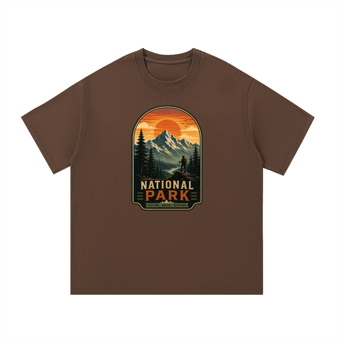 National Park Explore Dream Discover Badge Tee in Coffee, flat lay.