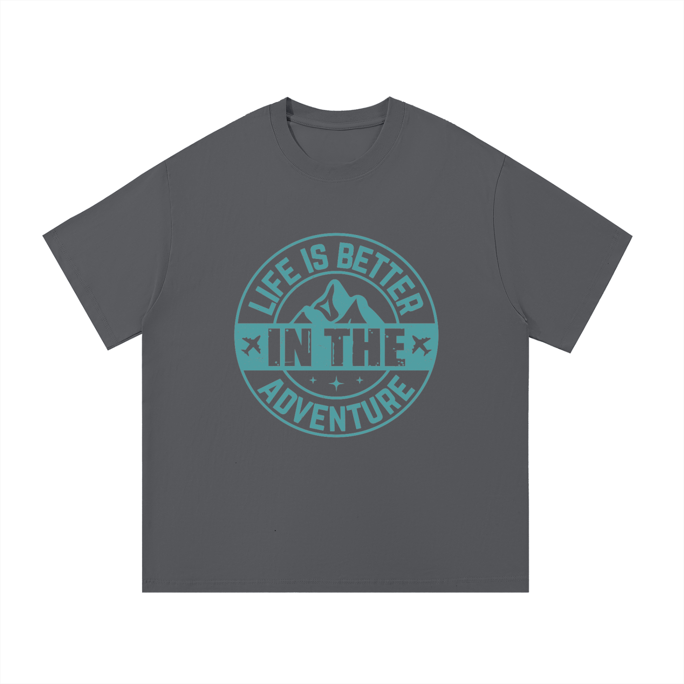 Life Is Better In The Adventure Mountain Badge Tee in Dark Gray, flat lay.