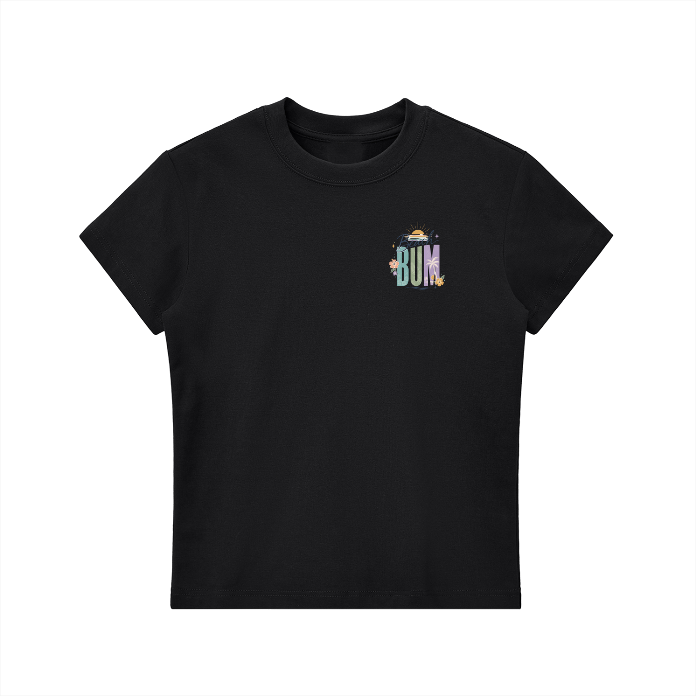 Beach Bum Left-Chest Summer Bodycon Tee in Black, flat lay.