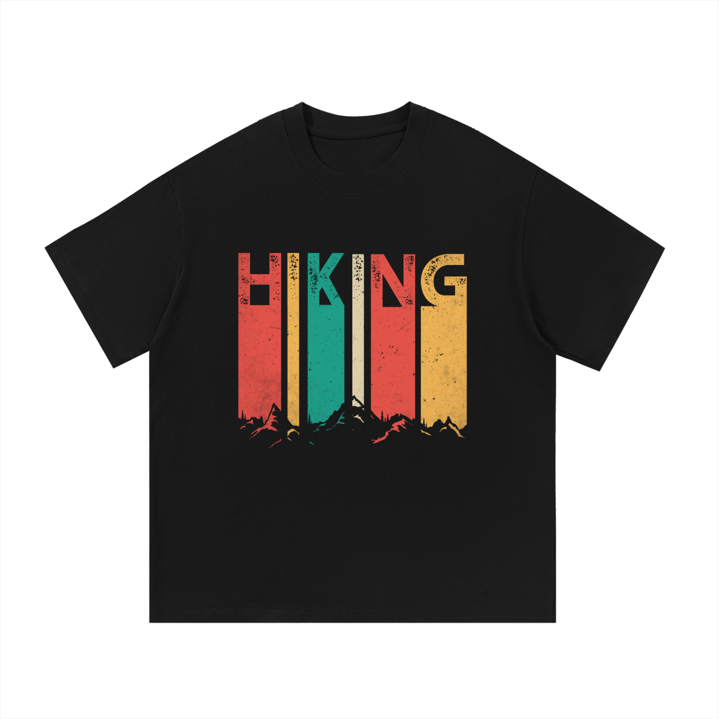 Hiking Retro Vintage Stripe Typography Tee in Black, flat lay.