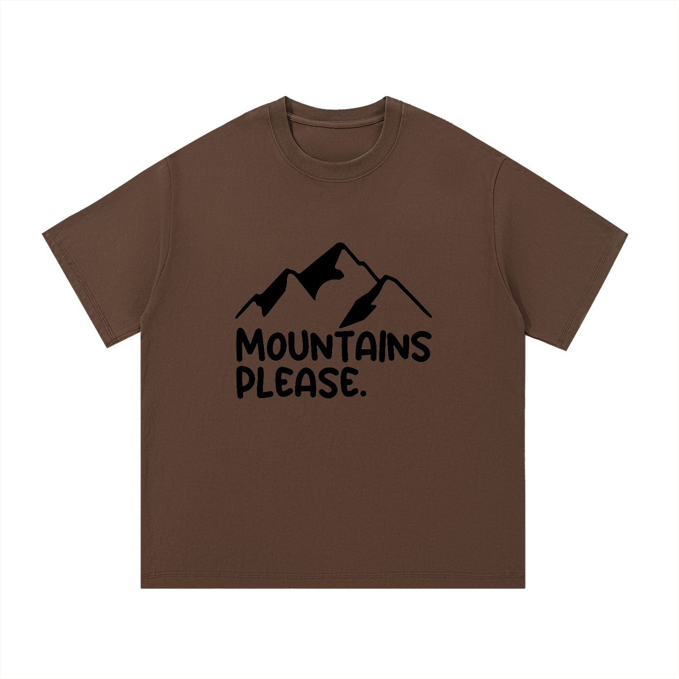 Mountains Please Minimal Line Mountain Tee in Coffee, flat lay.