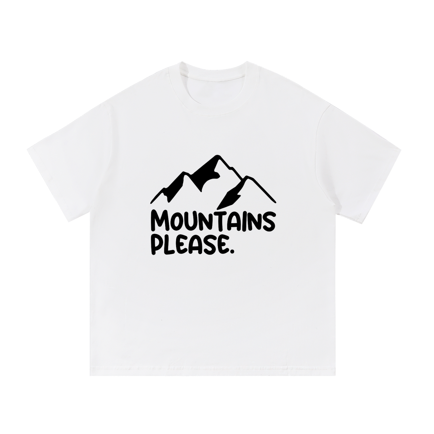 Mountains Please Minimal Line Mountain Tee in White, flat lay.