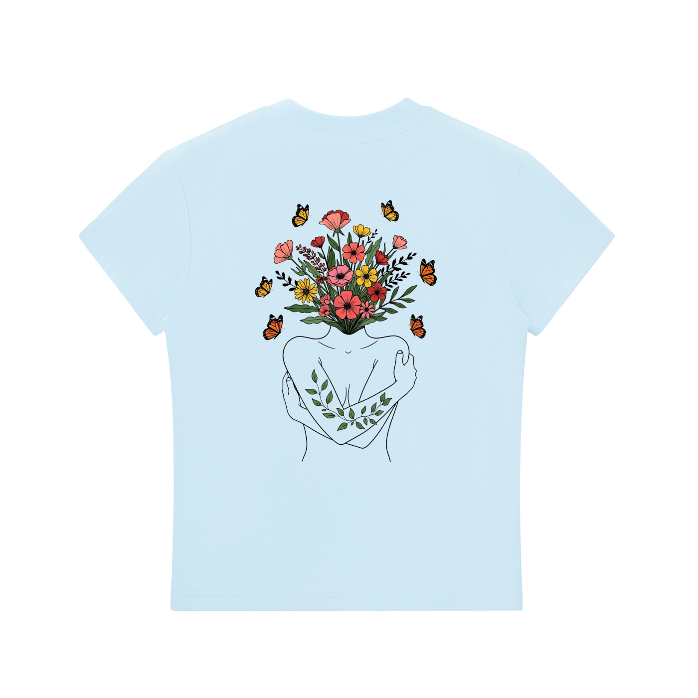 Wildflower Line Art Left-Chest Bodycon Tee in Blue, back view.