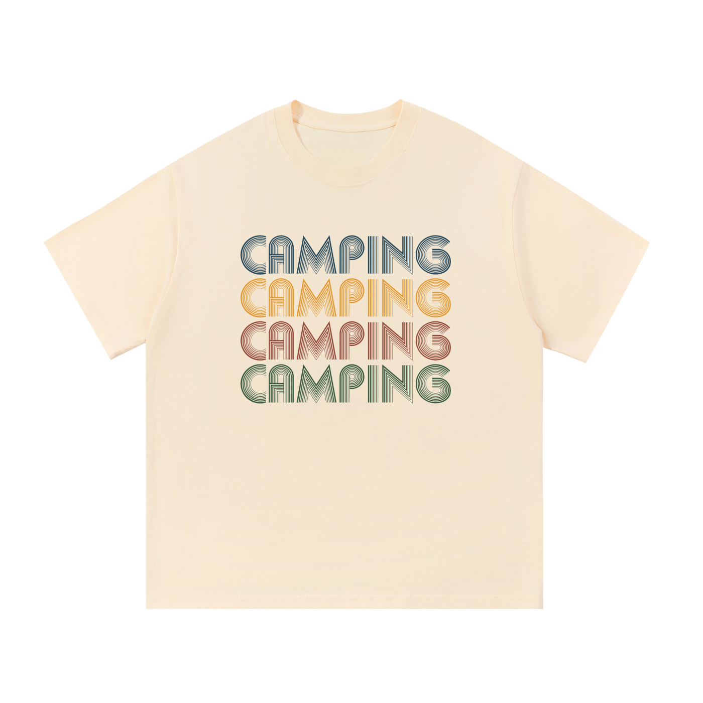Camping Retro Seventies Repeat Typography Tee in Apricot, flat lay.