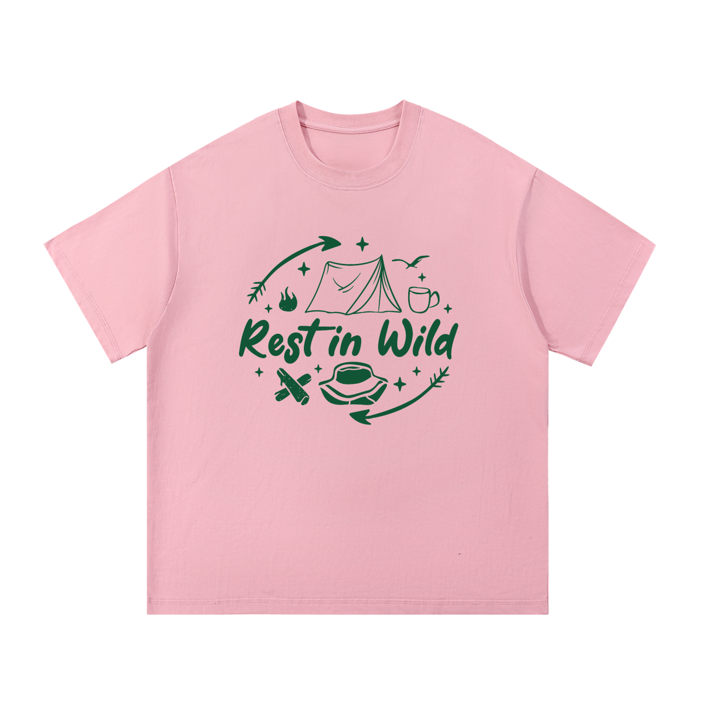 Rest In Wild Camping Line Art Tee in Pink, flat lay.