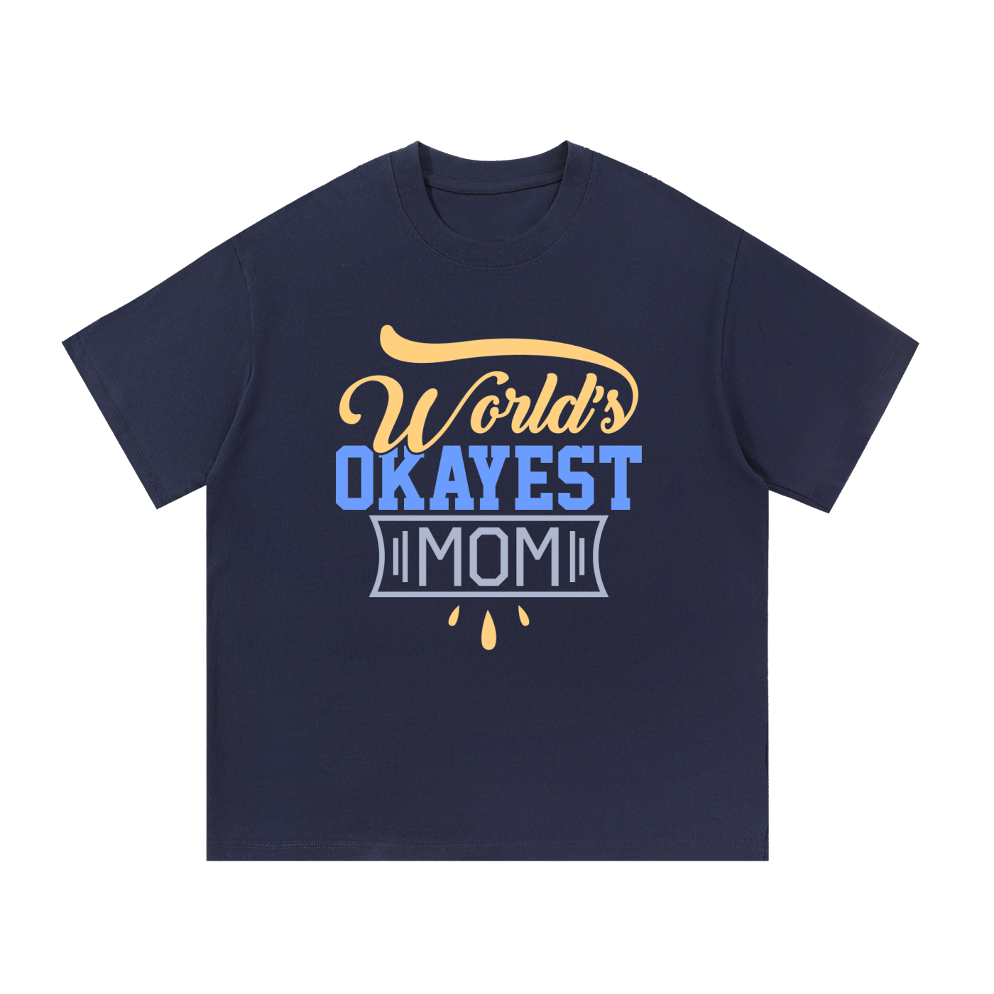 World's Okayest Mom Retro Typography Tee in Navy Blue, flat lay.