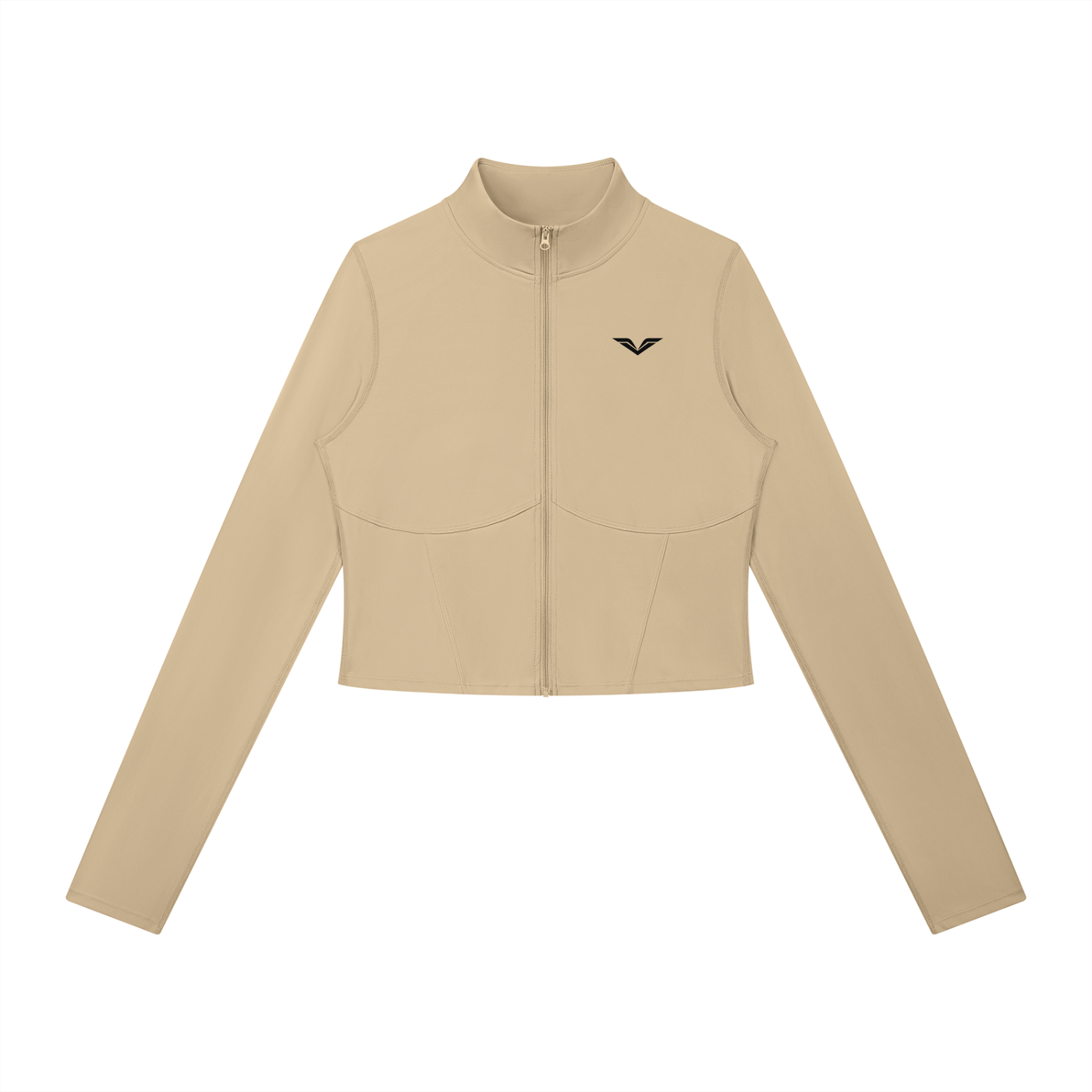Wing Logo Cropped Full-Zip Sports Jacket — Sand in Khaki, flat lay.